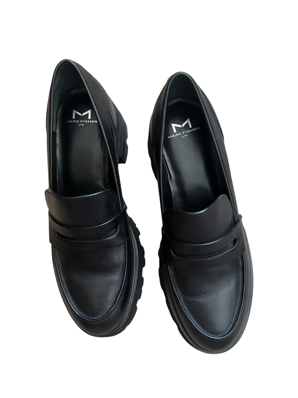NWOB MARC FISHER MORRIS BLACK LEATHER LUG PLATFORM PENNY LOAFER